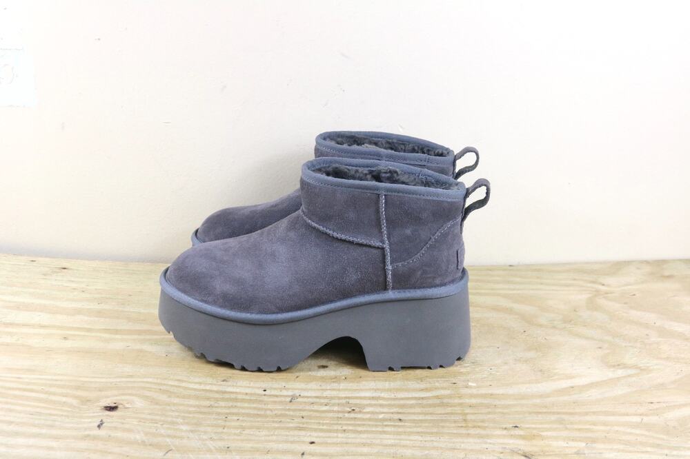 New Ugg Boots 9 Gray Suede Classic Ultra Mini New Shearling Lined Platform Shoes